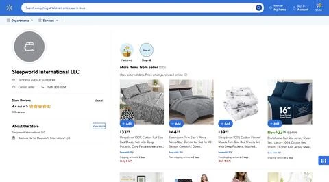 Sleepworld International LLC: walmart seller page
